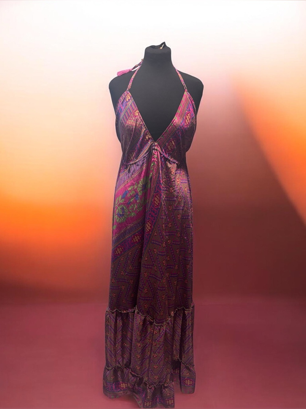 Halter-Neck Maxi Dress in Print with Tie Waist
